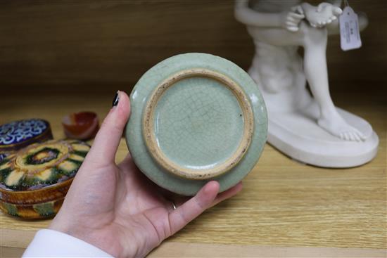 Two Islamic champleve enamel boxes and covers, agate geode halves and quartz cups